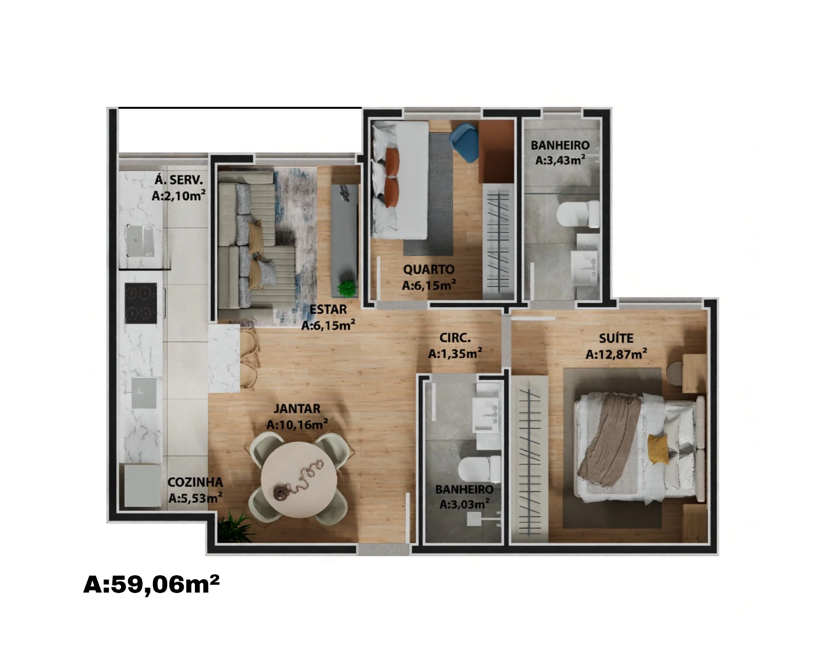 Planta humanizada do apartamento 1 suíte + 1 quarto (59,06 m²) do Easy Residence