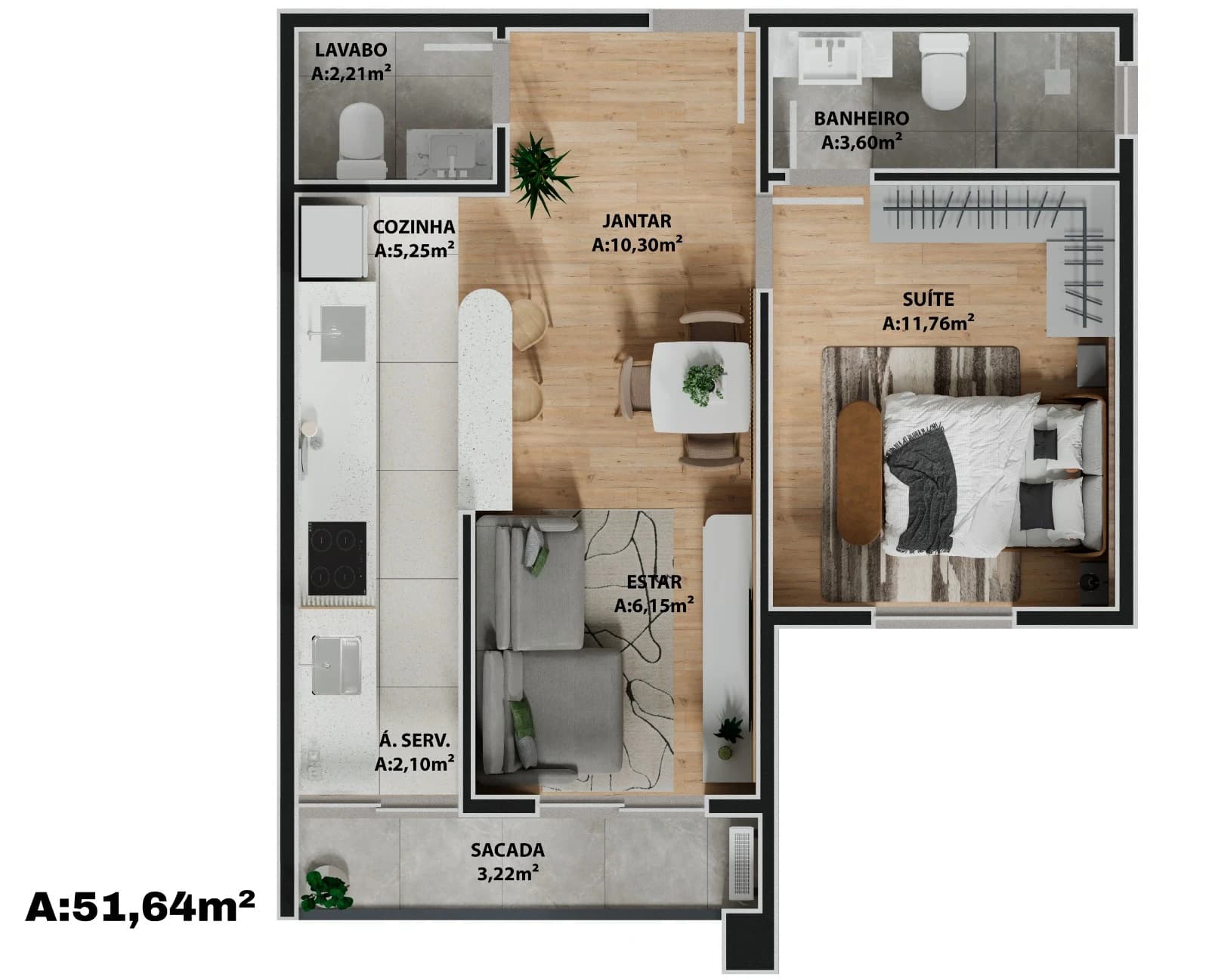 Planta humanizada do apartamento 1 suíte (51,64 m²) do Easy Residence
