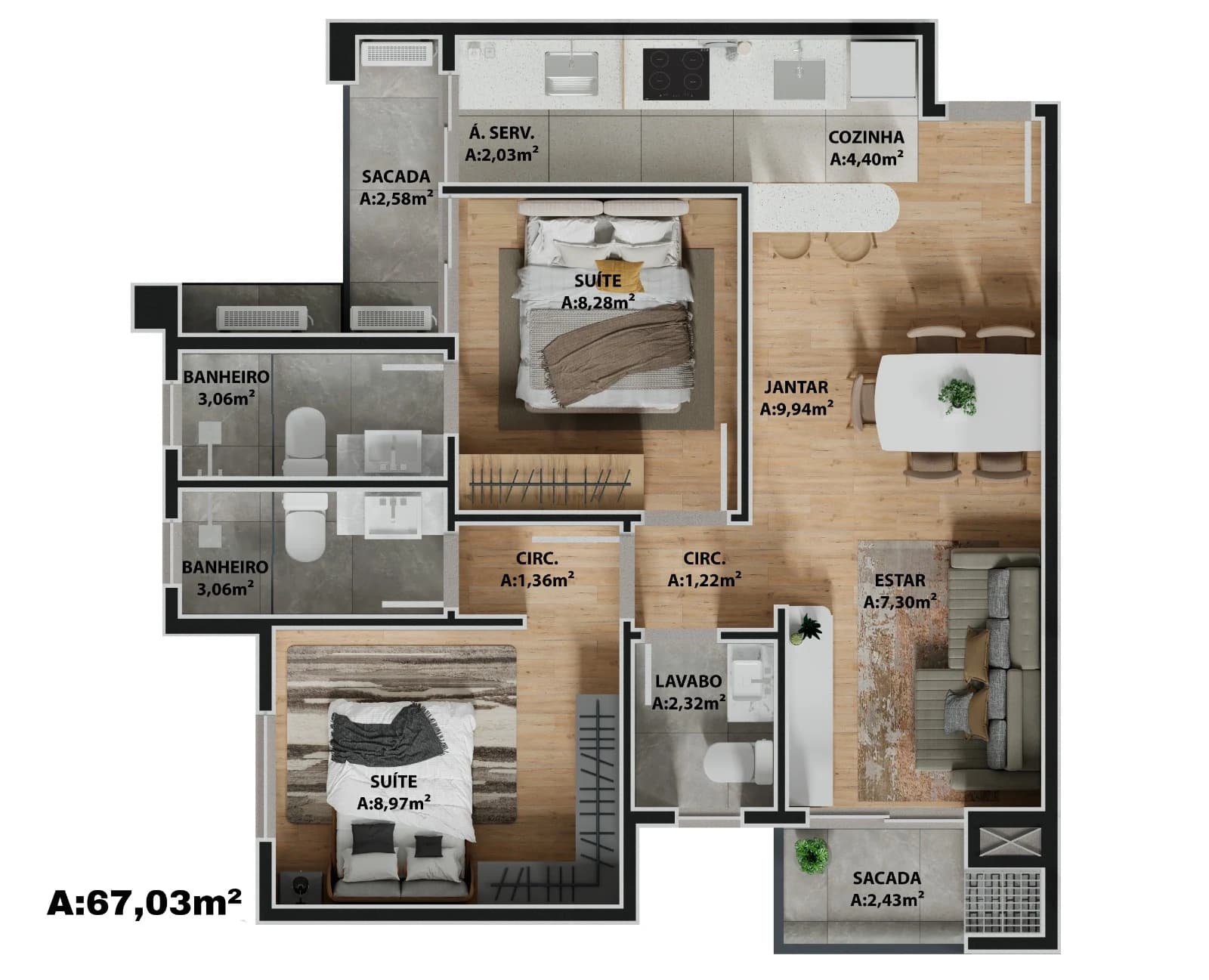 Planta humanizada do apartamento 2 suítes (67,03 m²) do Easy Residence